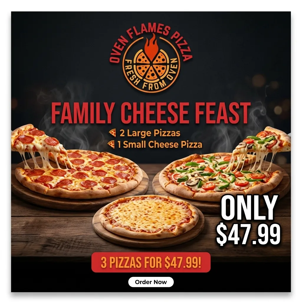 Family Cheese Feast combo poster — 2 large pizzas and 1 small cheese pizza for $47.99 at Oven Flames Pizza Dover, Calgary SE