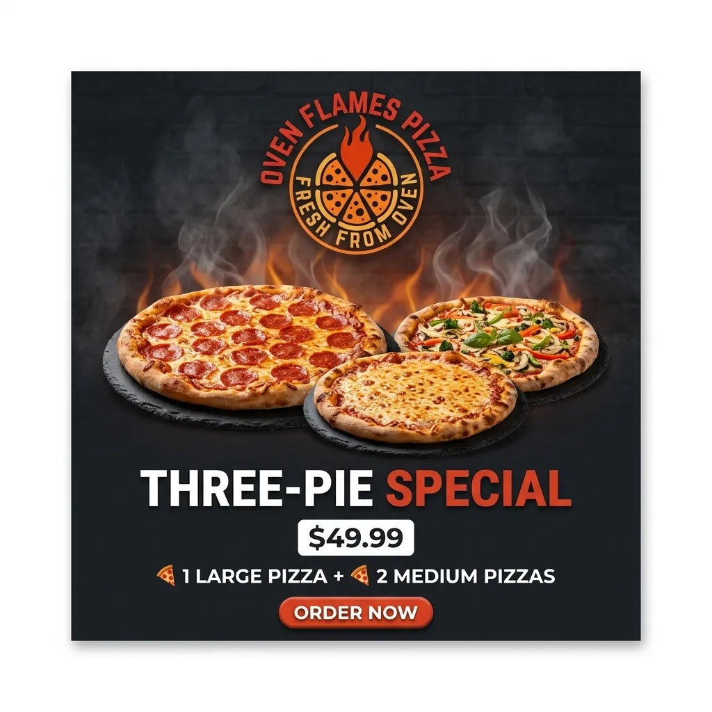Three Pie Special poster — 1 large pizza and 2 medium pizzas for $49.99 at Oven Flames Pizza Dover, Calgary SE