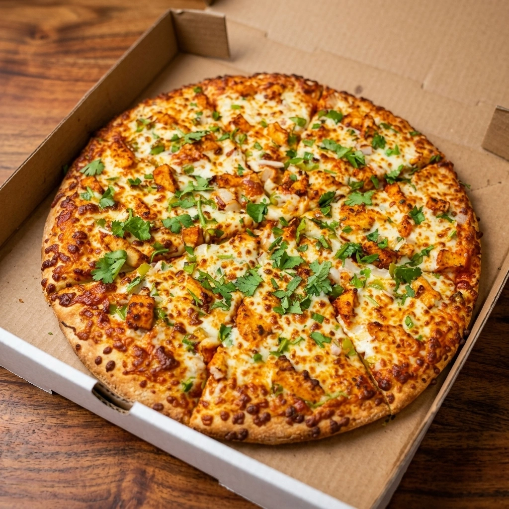 Shahi Paneer Pizza with shahi paneer sauce, paneer, tomato, onion and mozzarella at Oven Flames Pizza Dover, SE Calgary