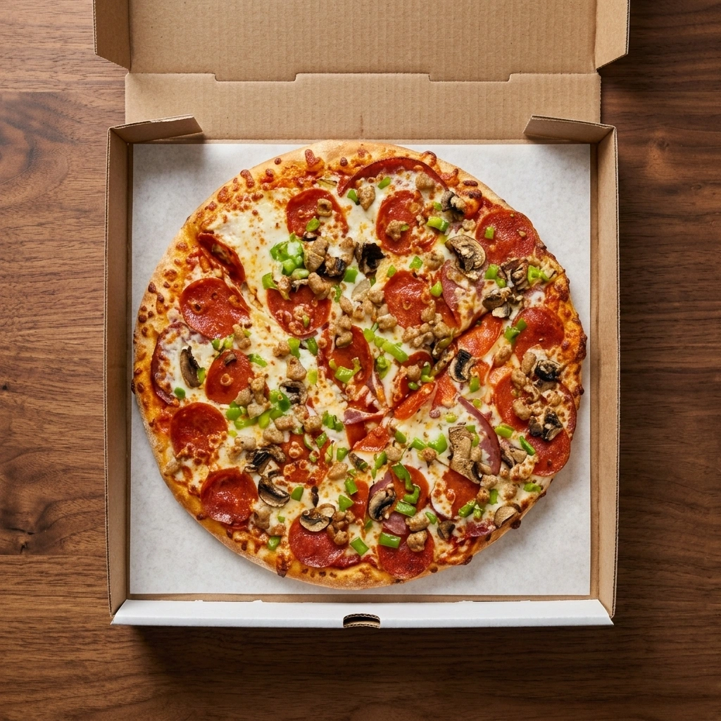 Deluxe Pizza loaded with pepperoni, salami and Italian sausage at Oven Flames Pizza in Dover, Calgary SE